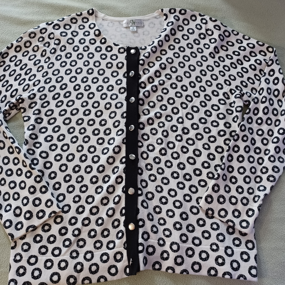 Studio Works Women's Black and White Circles Knit Cardigan w Metal Buttons Med